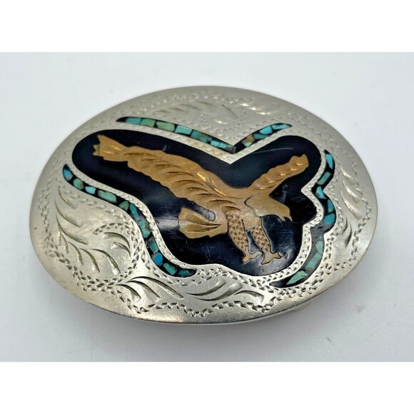 Trinity Buckle Co Soaring Eagle Western Belt Buckle Turquoise Inlay Silver Plate - Picture 2 of 9